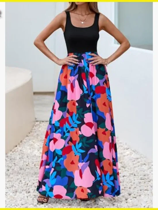 Boho Floral Maxi Dress Sleeveless Scoop Neck A-Line Flowy Beach Vacation Resort - Picture 4 of 7